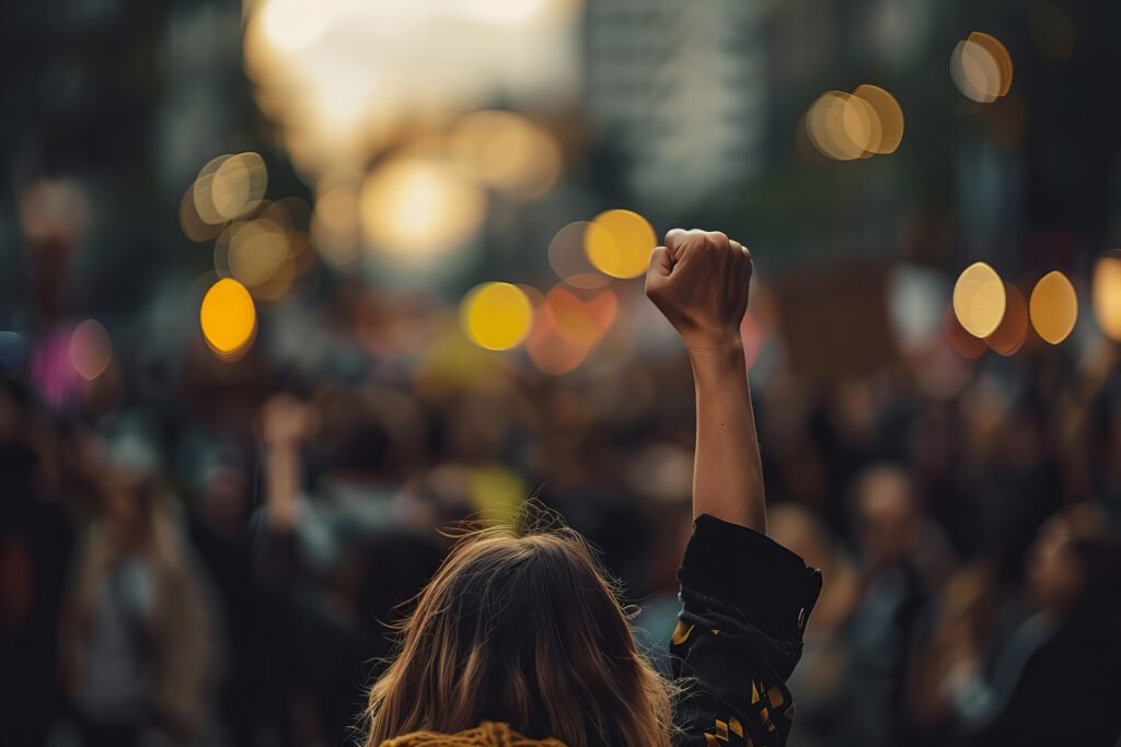 Uma mulher levanta o braço em manifestação política. A imagem faz alusão à construção de marca política e imagem.