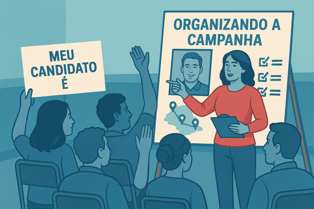 Reunião de voluntários em ambiente informal, como uma garagem ou salão comunitário. Pessoas atentas, algumas tomando nota, outras ouvindo alguém que apresenta uma ideia em um quadro branco ou flipchart. O clima é de colaboração e propósito.